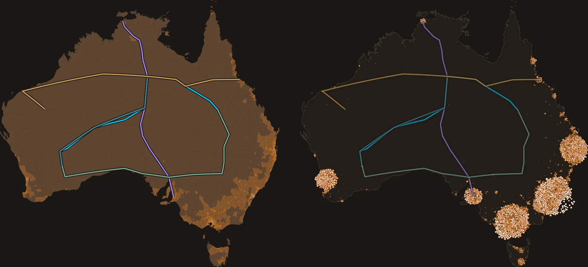 Two maps of Australia. On the left, the continent by land: almost all of it is the darkest of seven population-density colours, and the five corridor options cross the interior. On the right, the same regions redrawn as circles sized by population: large clusters at Perth, Adelaide, Melbourne, Sydney and Brisbane, a scatter along the east coast, and an interior almost bare of circles with the corridor options still crossing it.